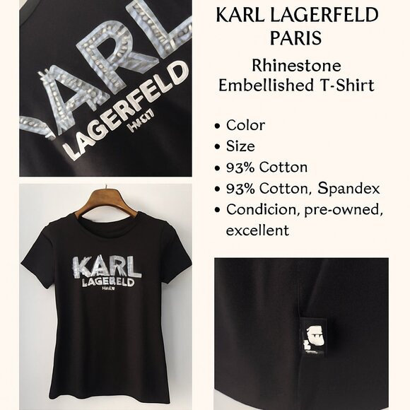 Karl Lagerfeld Paris Logo Tee Black Rhinestone Embellished T-Shirt XS - Picture 1 of 8